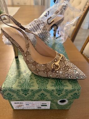 Gucci Tan/Brown Crystal-Embellished Slingback Pump with Horsebit